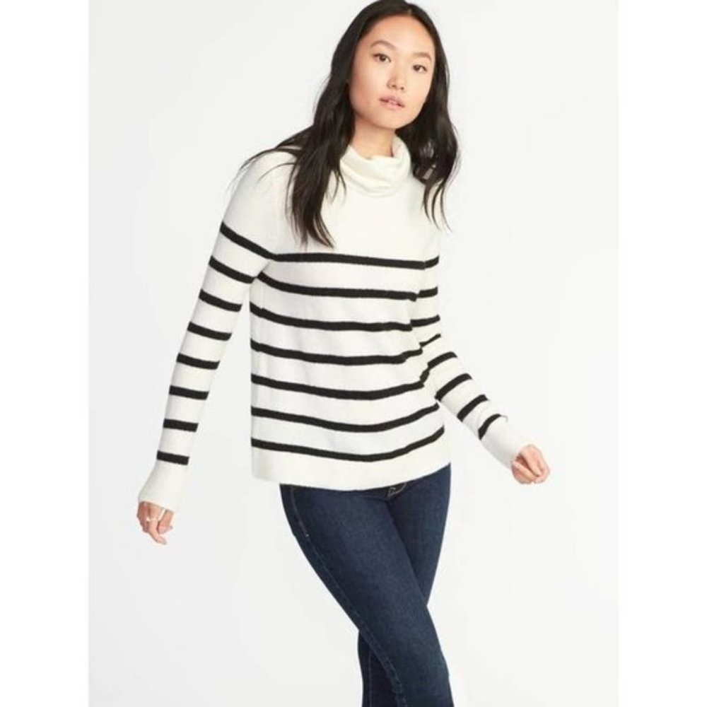 [Old Navy] Black Cream Striped Mock Turtleneck Pullover Cozy Sweater Sz Medium M